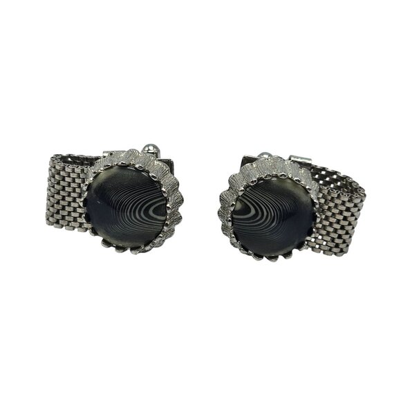 Vintage Mens Silver Mesh Cufflinks With Hypnotic Swirl Design - Picture 1 of 5
